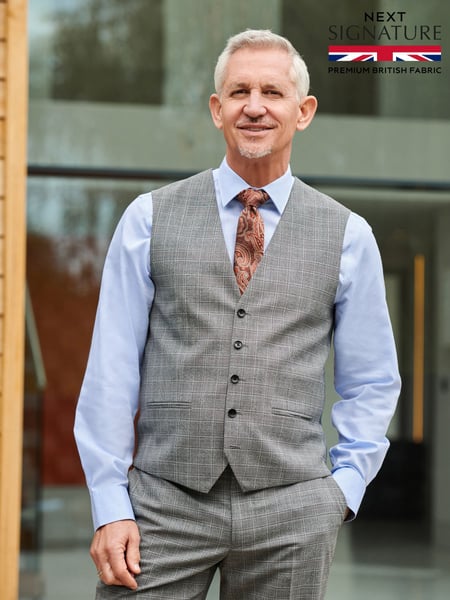 Light Grey Tailored Signature Empire Mills British Fabric Check Suit Waistcoat (U95985) | € 26