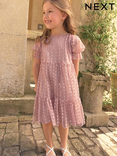 Pink Sparkle Mesh Short Sleeve Tiered Party Dress (3-16yrs) (U99666) | € 6 - € 8