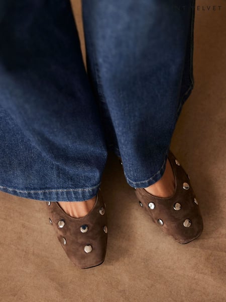 Mint Velvet Brown Coco Suede Studded Leather Flat Shoes (W22773) | € 172