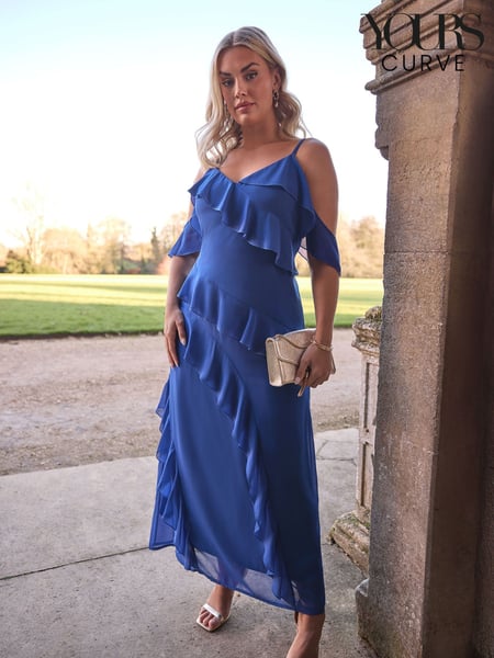 Yours Curve Blue London Ruffle Cold Shoulder Cami Dress (W23943) | € 89