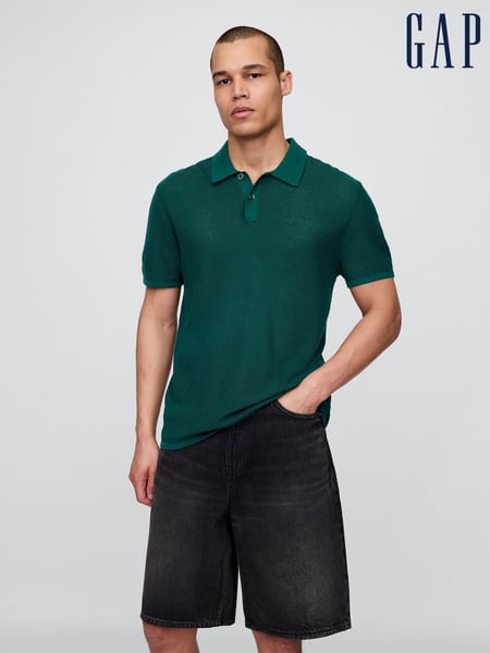 Gap Dark Green Textured Crochet Short Sleeve Polo Shirt (W24589) | € 55