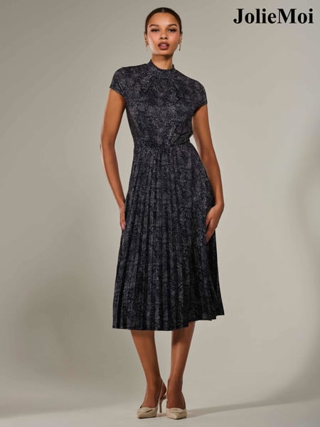 Jolie Moi Black Chrome Jersey Capped Sleeve Pleated Midi Dress (W25518) | € 101