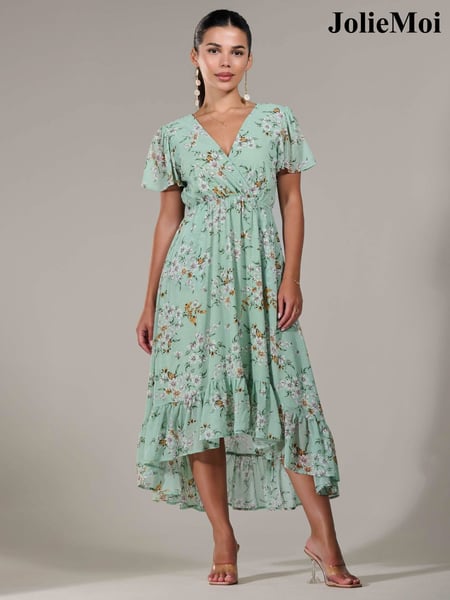 Jolie Moi Green Floral Petite Petite Long Sleeve Soft Silky Jersey Midi Dress (W25843) | € 112