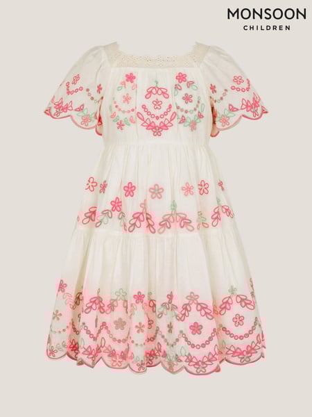 Monsoon White Floral Print Broderie 100% Cotton Short Sleeve Dress (W27282) | € 75 - € 83