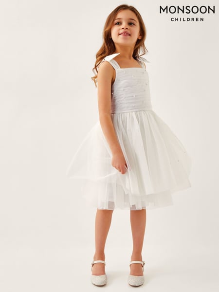 Monsoon White Olivia Pearl Ruched Tulle Dress (W27290) | € 66 - € 72