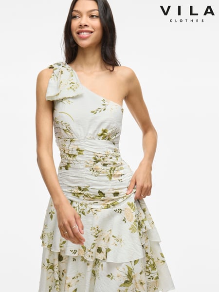 VILA White One Shoulder Floral Ruffle Maxi Dress (W27750) | € 143