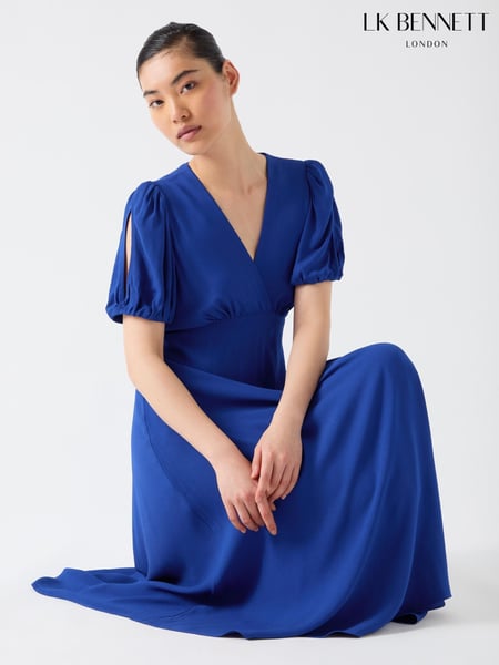 LK Bennett Blue Hermia Mazarine Viscose Petal Sleeve V-Neck Flared Dress (W28287) | € 466
