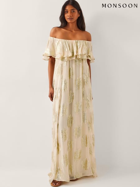Monsoon Natural Lyra Metallic Ruffle Maxi Dress (W28413) | € 250