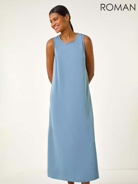 Roman Blue Satin A-Line Pocket Midi Dress (W29217) | € 66