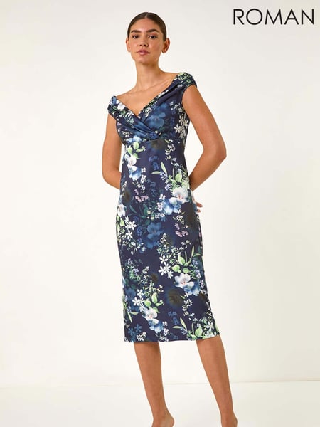 Roman Blue Floral Print Bardot Stretch Midi Dress (W29239) | € 101