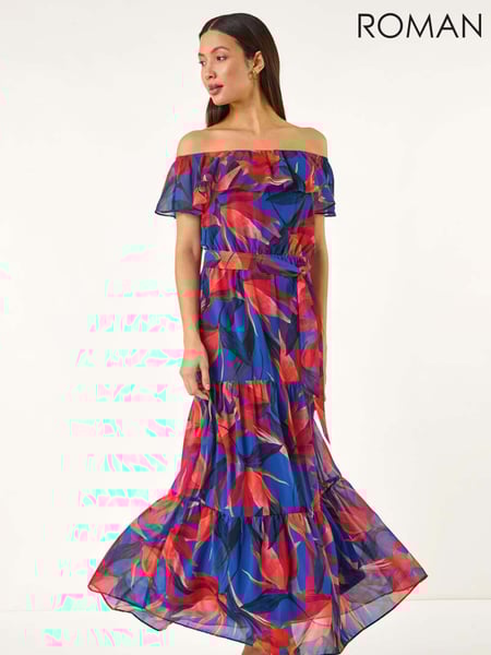 Roman Blue Floral Print Bardot Belted Maxi Dress (W29257) | € 109