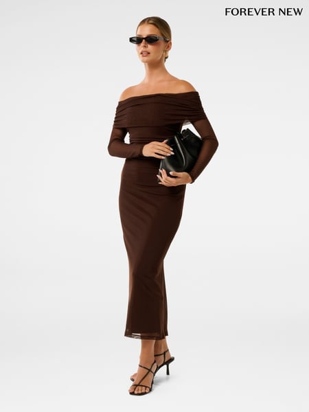 Forever New Brown Minnie Petite Mesh Bardot Midi Dress (W30181) | € 133