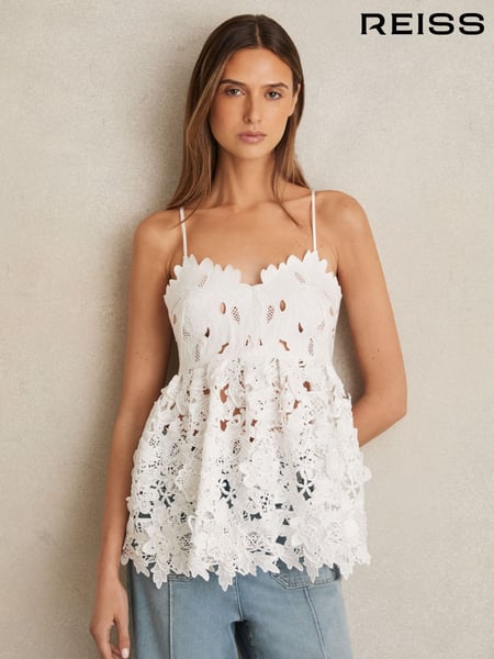 Reiss Ivory Melody Cotton Cut Out Lace Cami Top (W30207) | € 437