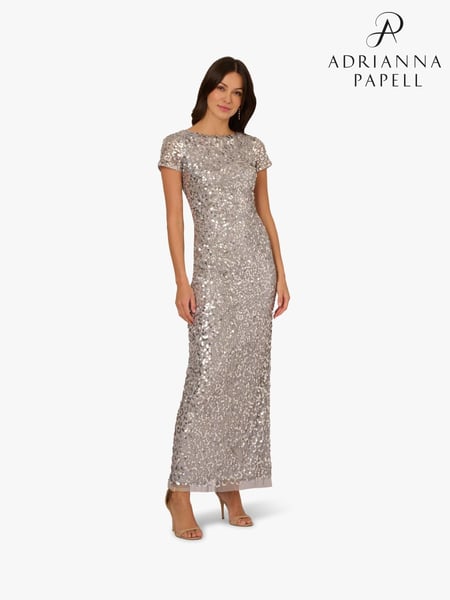Adrianna Papell Silver Beaded Mesh Long Dress (W32125) | € 544