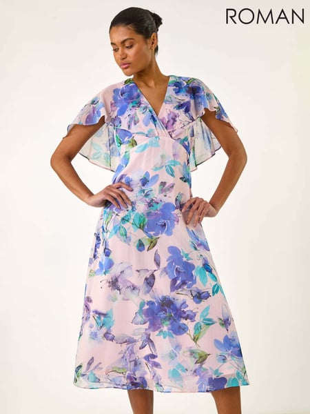 Roman Purple Floral Print Cape Back Midi Dress (W32547) | € 106
