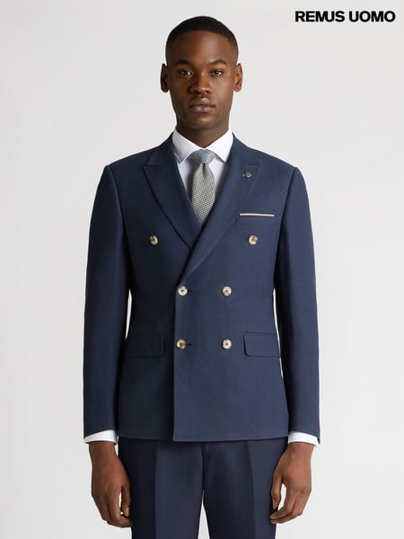 Remus Uomo Blue Double Breasted Slim Fit Double-Breasted Linen-Blend Suit Jacket (W32813) | € 295