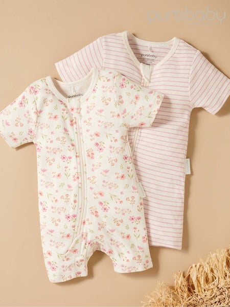 Purebaby Pink Turtle Print Short Sleeve 100% Cotton Sleepsuits 2 Pack (W33228) | € 47