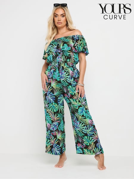 Yours Curve Green Leaf Bardot Jumpsuit (W33642) | € 53