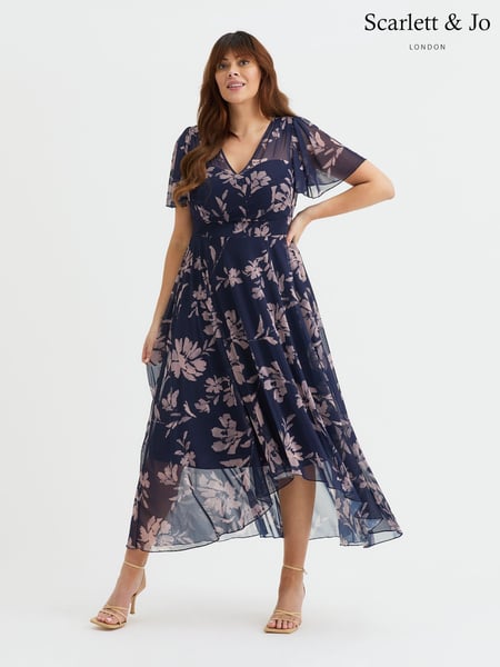Scarlett & Jo Purple Tilly  Wine Rose Print Angel Sleeve Sweetheart Dress (W34689) | € 140