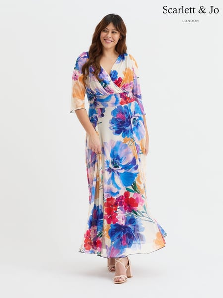 Scarlett & Jo Blue Verity Multi Colour Patchwork Print Maxi Gown (W34691) | € 148