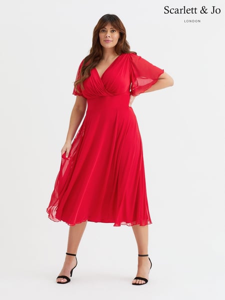 Scarlett & Jo Red Victoria Solid Angel Sleeve Mesh Midi Long Dress (W34697) | € 125