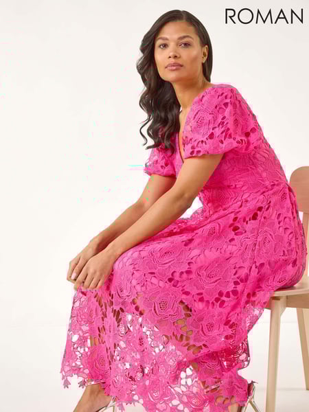 Roman Pink Crochet Lace V-Neck Midi Dress (W35120) | € 125