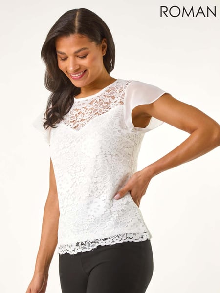 Roman Cream Chiffon Sleeve Floral Print Lace Blouse (W35150) | € 56