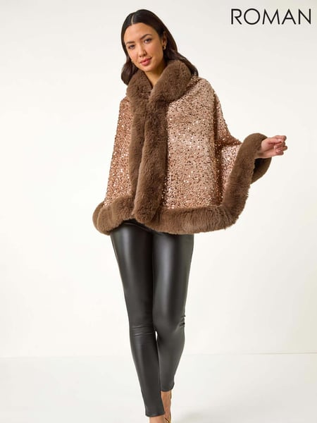 Roman Brown Embellished Faux Fur Trim Cardigan Cape (W35151) | € 90