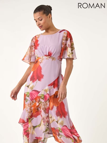 Roman Pink Floral Painted Frill Midi Dress (W35158) | € 109