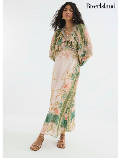 River Island Pink V-Neck Ruffle Maxi Dress (W35430) | € 129
