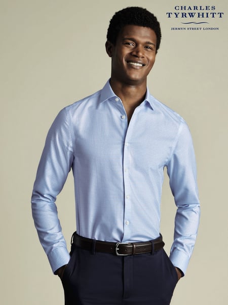 Charles Tyrwhitt Blue Slim Fit Slim Fit Non-Iron Check Cotton Linen Shirt (W38575) | € 109