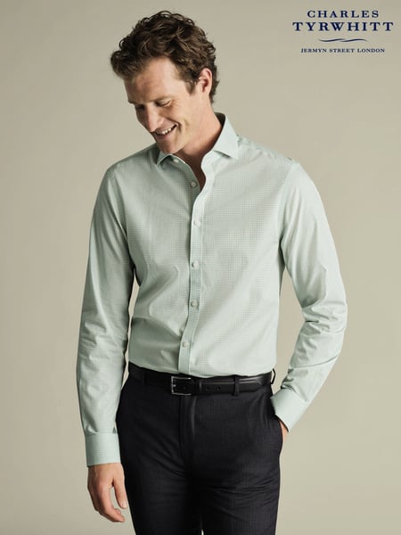 Charles Tyrwhitt Green Slim Fit Slim Fit Non-Iron Cutaway Collar Gingham 100% Cotton Shirt (W38595) | € 101