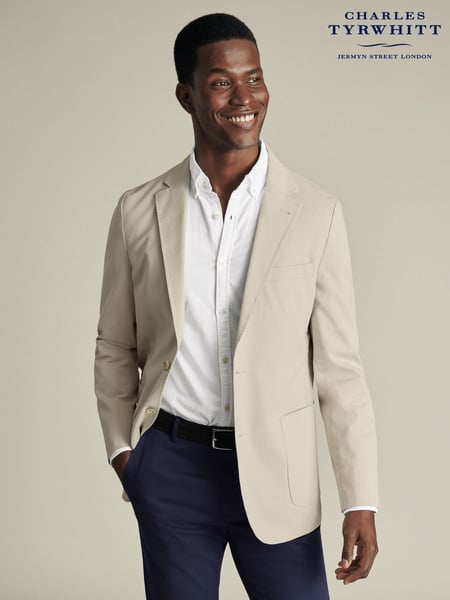 Charles Tyrwhitt Natural Classic Fit Stripe Stretch Washed Oxford Collarless 100% Cotton Jacket (W40219) | € 310