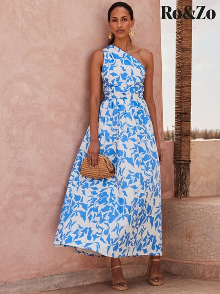 Ro&Zo Blue Aubrey Leaf Printed One Shoulder 100% Cotton Dress (W40594) | € 264