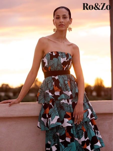 Ro&Zo Blue Claudia Leaf Print Tiered 100% Cotton Dress (W40600) | € 310