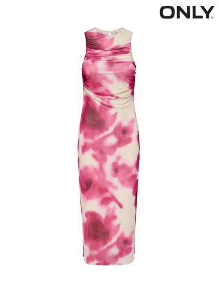 ONLY Pink Floral Mesh Ruched Midi Dress (W41444) | € 62