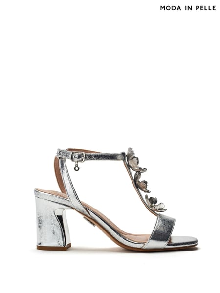 Moda in Pelle Silver Neillia Metal Floral Print Trim Block Heel Comfort Sandals (W43243) | € 139