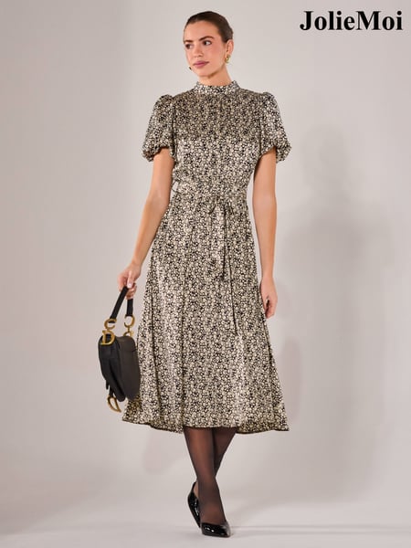 Jolie Moi Black Puff Sleeve Tie Waist Midi Dress (W45911) | € 104