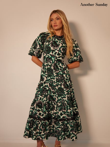 Another Sunday Black Poplin Short Puff Sleeve Tiered Smock 100% Cotton Midi Dress (W46895) | € 90