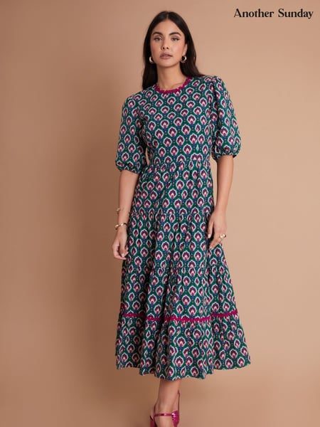 Another Sunday Green Poplin Short Puff Sleeve Tiered Smock 100% Cotton Midi Dress (W46896) | € 90