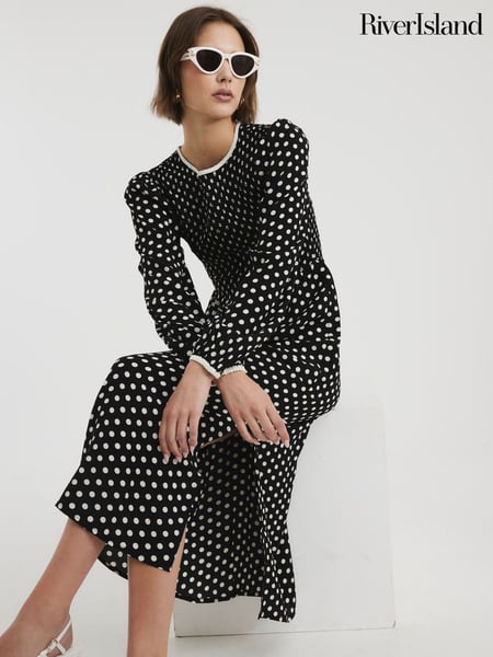 River Island Black Shirred Polka Dot Midi Dress (W49577) | € 75
