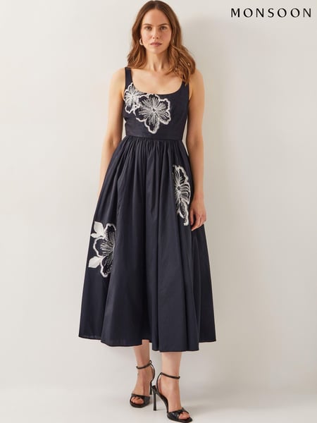 Monsoon Black Sophie Embroidered Fit & Flare Midi Dress (W50836) | € 250
