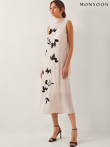 Monsoon Cream Ari Floral Embellished Midi Dress (W50844) | € 250