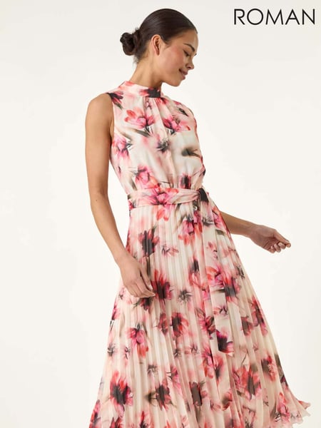 Roman Pink Petite Floral Pleated Halter Neck Midi Dress (W51032) | € 122