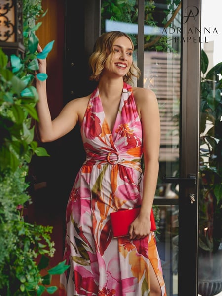 Adrianna Papell Pink Floral Chiffon Ring Gown (W53280) | € 310