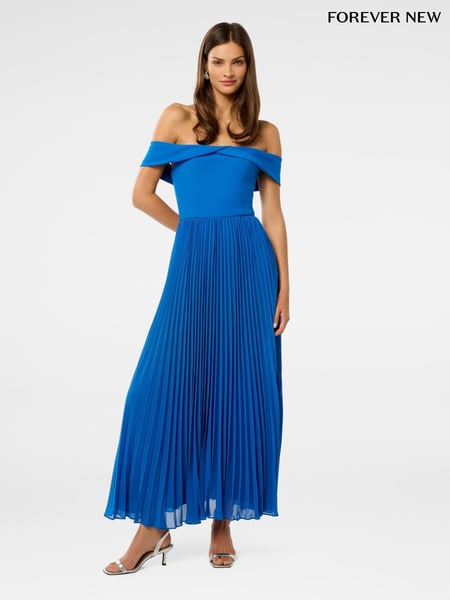 Forever New Blue Louise Off Shoulder Pleated Midi Dress (W53431) | € 203