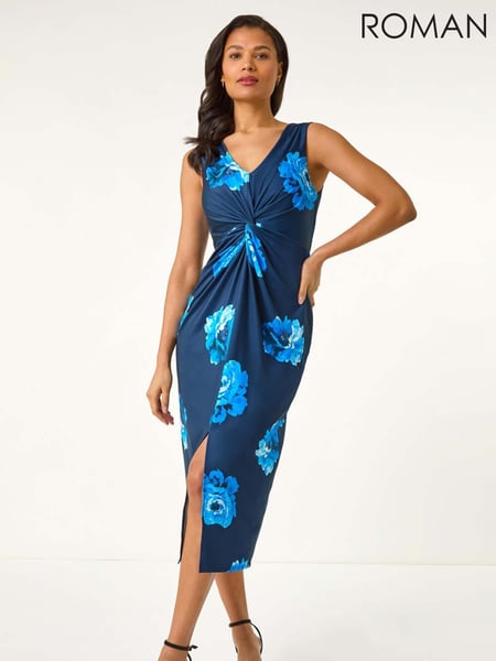 Roman Blue Floral Twist Front Midi Dress (W55266) | € 94