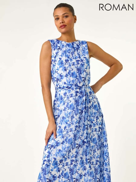 Roman Blue Floral Print Pleat Neck Midi Dress (W55296) | € 86