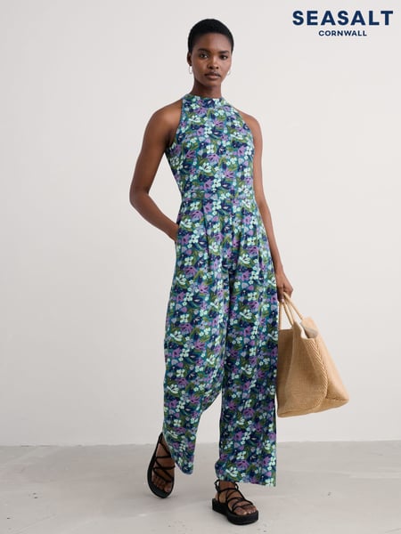 Seasalt Cornwall Light Blue Belyars Jersey Tie Neck Jumpsuit (W55643) | € 115