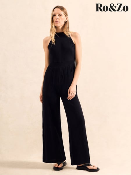 Ro&Zo Black Petite Shirred Waist Cheesecloth 100% Cotton Jumpsuit (W56669) | € 139